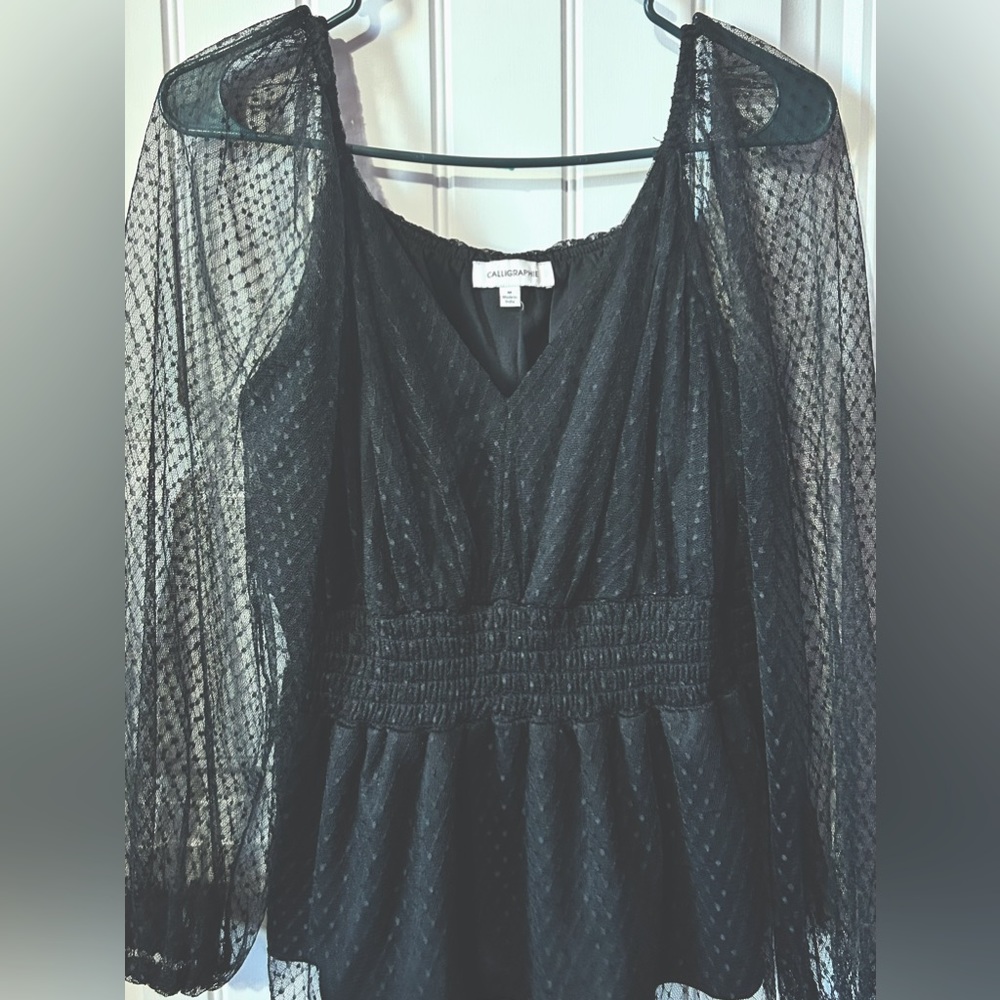 Puffed Sleeves V Neck Black Off Shoulder Elegant Top